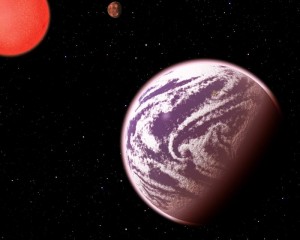 KOI-314c, shown in this artist's conception, is the lightest planet to have both its mass and physical size measured. Surprisingly, although the planet weighs the same as Earth, it is 60 percent larger in diameter, meaning that it must have a very thick, gaseous atmosphere. It orbits a dim, red dwarf star (shown at left) about 200 light-years from Earth. KOI-314c interacts gravitationally with another planet, KOI-314b (shown in the background), causing transit timing variations that allow astronomers to measure the masses of both worlds. This serendipitous discovery resulted from analysis as part of the Hunt for Exomoons with Kepler (HEK) project. (Credit: C. Pulliam & D. Aguilar (CfA))