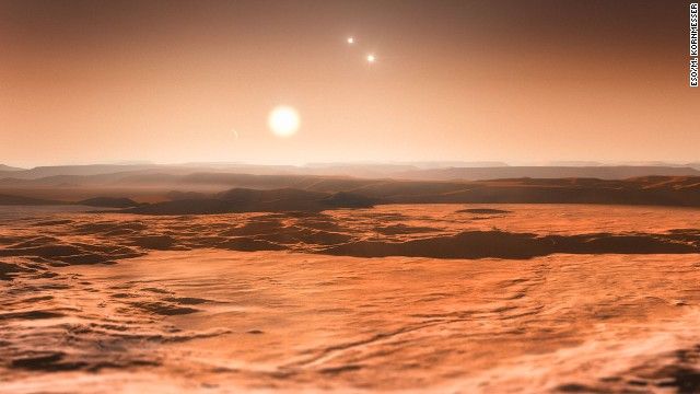 artist impression shows the view from the exoplanet Gliese 667Cd looking towards the planet