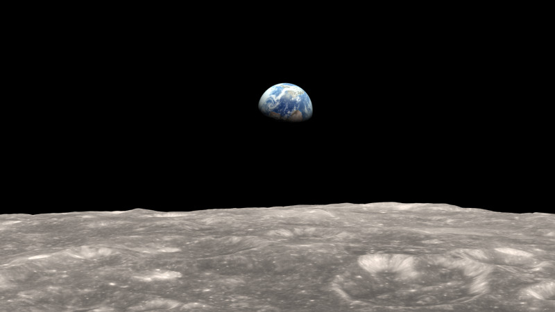 Illustration of Earth as seen from the moon. The gravitational tug-of-war between Earth and the moon raises a small bulge on the moon. The position of this bulge shifts slightly over time.