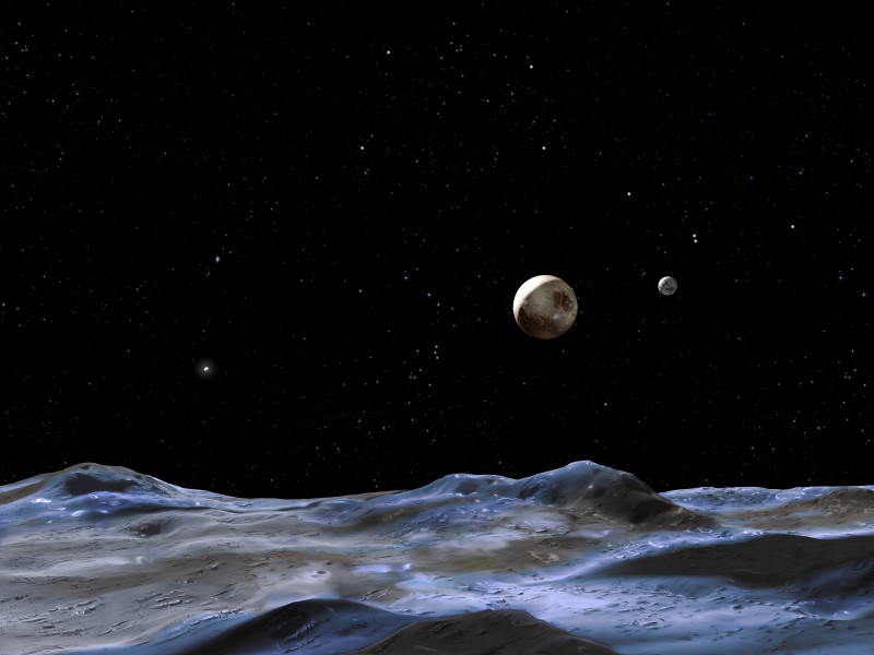 This artist concept shows Pluto and some of its moons, as viewed from the surface of one of the moons.