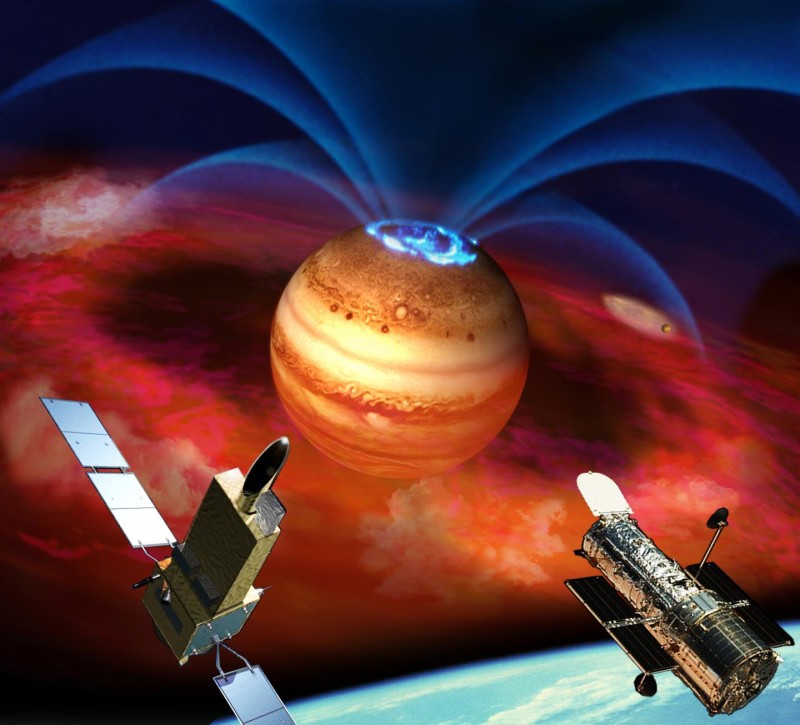 In this artist's rendering, flows of electrically charged ions and electrons accelerate along Jupiter's magnetic field