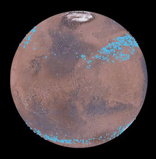 Mars distinct polar ice caps, but Mars also has belts of glaciers at its central latitudes -- between the blue lines, in both the southern and northern hemispheres
