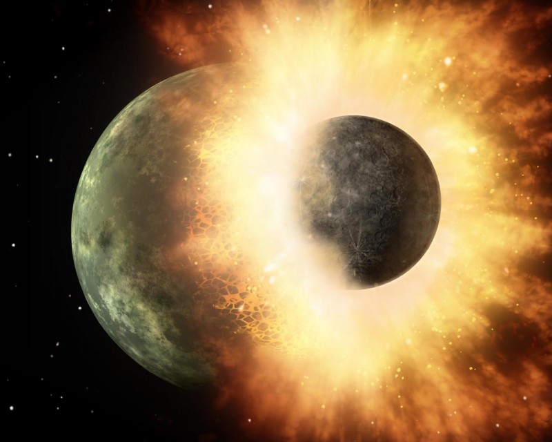 This artist's rendering shows the collision of two planetary bodies.