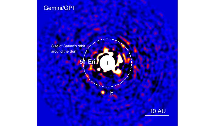 The image taken by the Gemini Planet Imager. The light of star 51 Eri has been dialled back to allow the detection of light from the exoplanet one million times fainter.